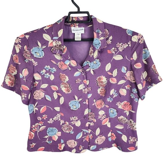 Womens Vintage Purple Pendleton Floral Shirt Blouse Short Sleeve Polyester 16 - Picture 1 of 8